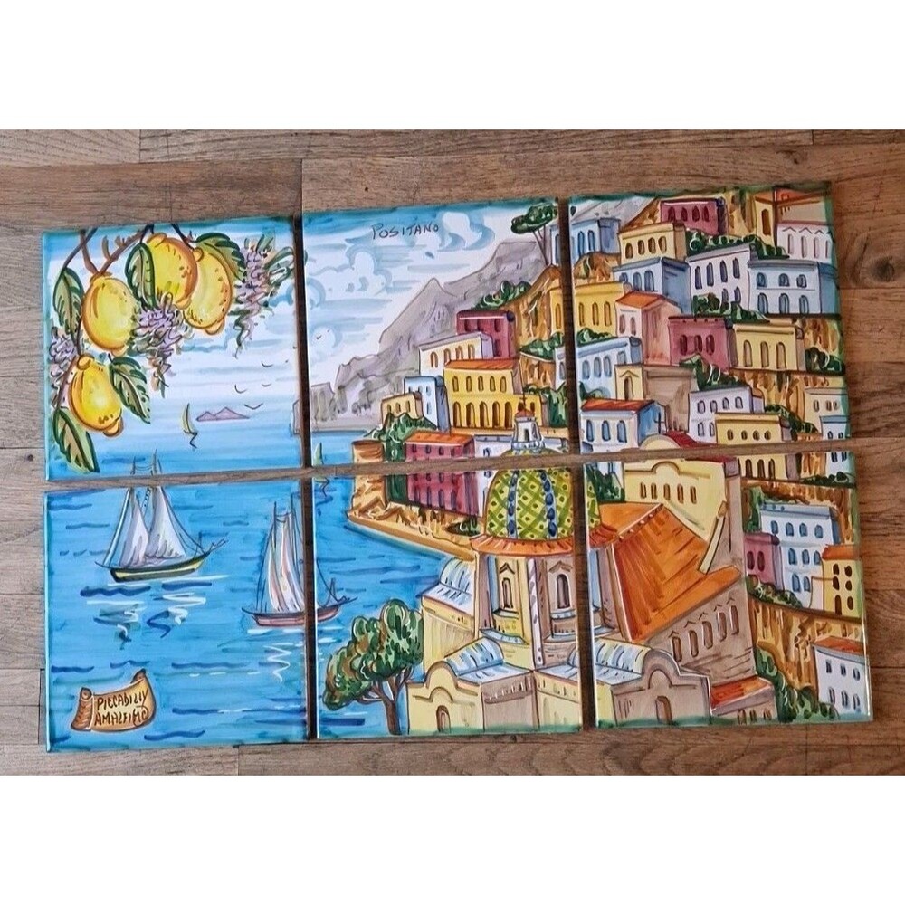 Set of 6 Italian 7.5 " X 7.5" Wall Clay Tile Italy Hand Painted Mural